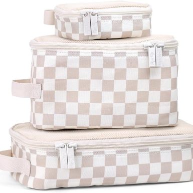 Itzy Ritzy Packing Cubes for Travel – Set of 3 Packing Cubes or Travel Organizers; Each Cube Features a Mesh Top, Double Zippers and a Fabric Handle (Checkerboard)